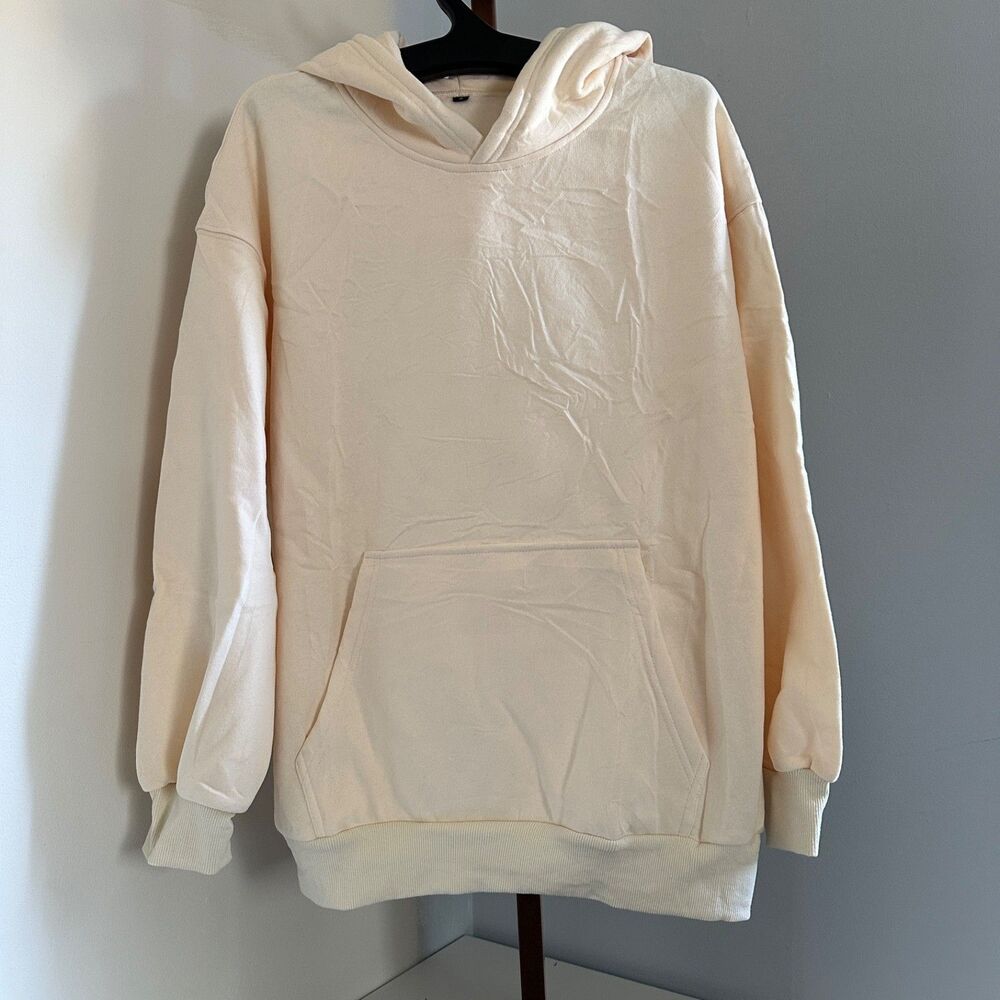 New Beige Men's Cotton Blend Long Sleeve Fleece Hoodie Front Pockets Size S